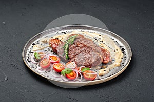 Fresh Cooked Meat on Metallic Plate Sliced Tomato