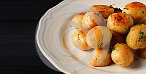 Fresh Cooked, new potatoes,with dill, on a wooden table, selective focus. close-up, toning, no people,