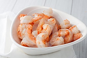 Fresh cooked shrimp in white bowl