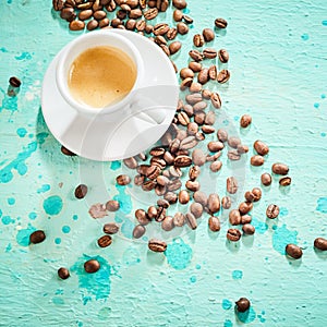 Fresh cool blue background with espresso coffee