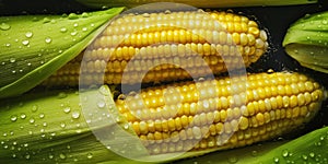 Fresh Corn background, adorned with glistening droplets of water. Top down view
