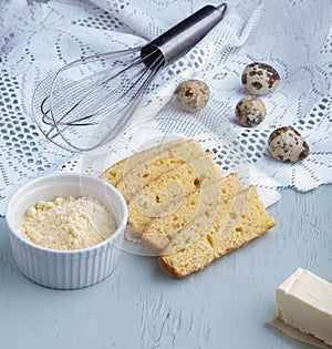 Fresh corn bread on a blue background.