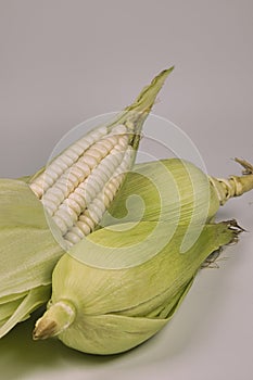 Fresh corn cob in a container on a white background