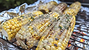 Fresh corn on the cob grilling on a barbecue, showing charred marks from the grill, cooking to perfection