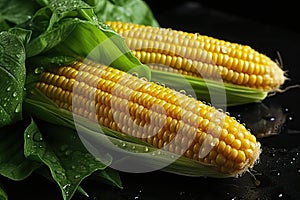 Fresh corn cob with water drops on black background.