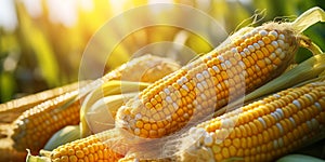 Fresh corn on the cob on a wooden table, close-up