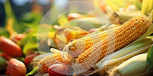 Fresh corn on the cob on a wooden table, close-up