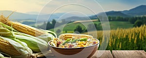 Fresh corn and cobs in bowl on rustic wooden table, Corns field in background