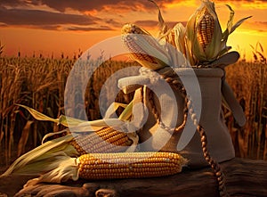 fresh corn cobs and dry seeds in bag on wooden table with green maize field on the background. Agriculture and harvest