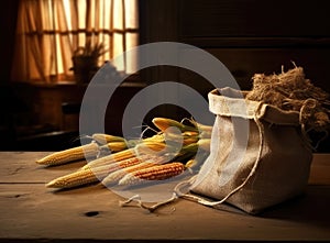 fresh corn cobs and dry seeds in bag on wooden table with green maize field on the background. Agriculture and harvest
