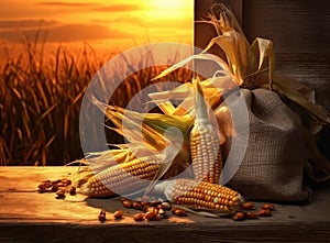 fresh corn cobs and dry seeds in bag on wooden table with green maize field on the background. Agriculture and harvest