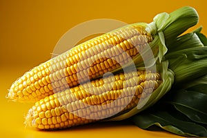 Fresh corn cobs isolated on yellow background
