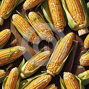 Fresh corn cobs lying on rustic wooden table, illuminated by warm sunlight