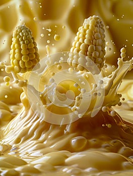 Fresh Corn Cobs Splashing in Creamy Yellow Milk with Droplets Freeze Motion, High Speed Photography