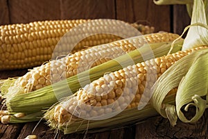 Fresh corn on cobs on wooden table