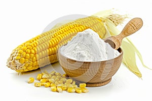 Fresh corn and cornflour on white background