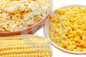 Fresh corn, preserved corn and popcorn photo