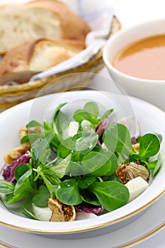 Fresh corn salad with bread and soup