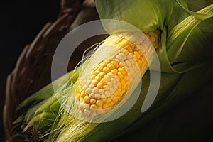 Fresh corn on a yellow background. Flat lay, top view