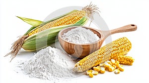 Fresh Corncobs and Cornflour in Wooden Bowl
