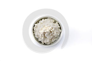 Fresh cottage cheese isolated on white background. Top view