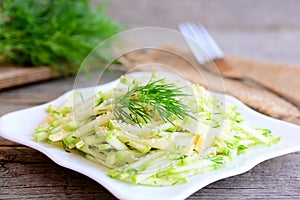 Fresh courgette salad with cheese, sesame and dill on a white plate. Raw courgette recipe. Vintage style