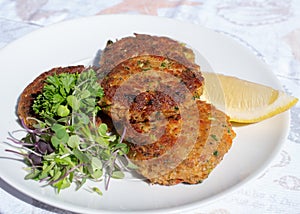 Fresh crab cakes served on a white plate with lemon and salad photo
