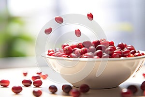 Fresh Cranberries Tumbling into a White Bowl on a Bright Kitchen Table