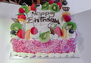 Fresh cream and fruit birthday cake.