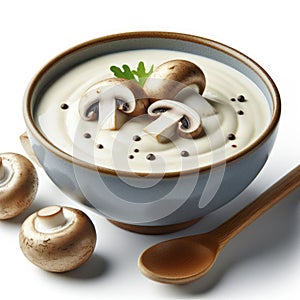 fresh cream mushroom soup isolated on solid white background. ai generative