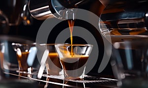 Fresh creamy cappuccino is poured into the little transparent cup. Coffee machine working in a cafÃÂ©. Close up. Generative AI