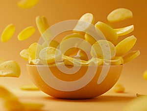Fresh Crispy Potato Chips Tumbling into Orange Bowl on Warm Yellow Background, Delicious Snack Concept