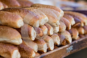 Fresh and crispy rolls. Delicious golden baguettes that smell wonderful! In the Mahane Yehuda market in Jerusalem.