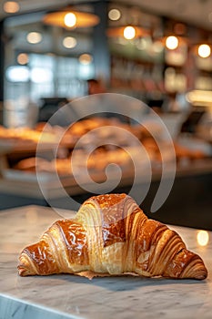 Fresh croissant on counter in bakery with blurred background