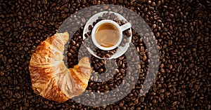 Fresh croissant and cup of frothy espresso coffee