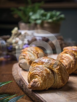 Fresh croissant a flaky, viennoiserie pastry. photo