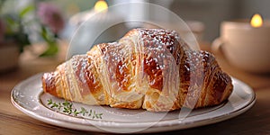 Fresh croissant on plate with cup of coffee and candles