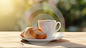 Fresh croissant on plate with cup of coffee on the morning breakfast