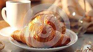 Fresh croissant on plate with cup of coffee on the morning breakfast