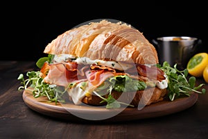 Fresh croissant sandwich with ham, cheese and salad leaf set, on old dark wooden table