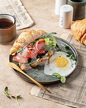 Fresh croissant sandwich with prosciutto or ham, cucumber, soft cheese and micro green and fried egg for breakfast