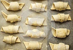 Fresh croissants, buns filled with marmalade and chocolate