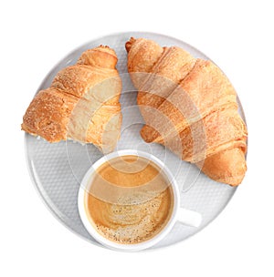 Fresh croissants and coffee isolated on white