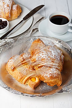 Fresh croissants with coffee and jam