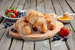 Fresh Croissants with fresh berries on rustic wooden background