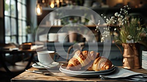 Fresh croissants on white plate in the kitchen, delicious breakfast