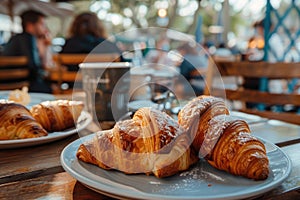 Fresh croissants on white plate at an outdoor restaurant, delicious breakfast