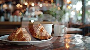 Fresh croissants on white plate on the table at indoor restaurant, delicious breakfast