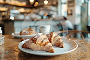 Fresh croissants on white plate on the table at indoor restaurant, delicious breakfast