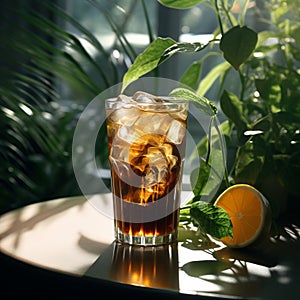 Fresh cuba libre cocktail with rum and cola cocktail in glass with a lime and mint on a dark mystical background